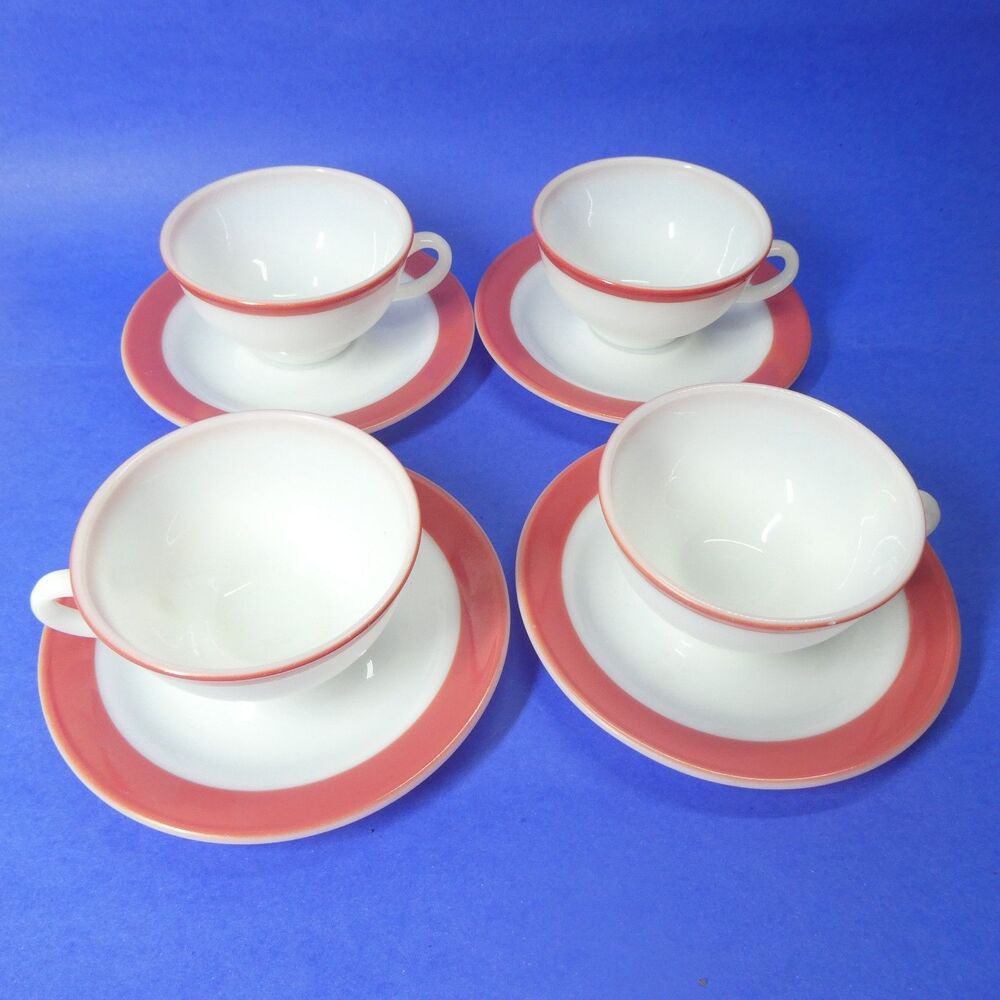 4 Pyrex Cup Saucer Sets - Pink Flamingo Band Rim White Milk Glass Vintage MCM